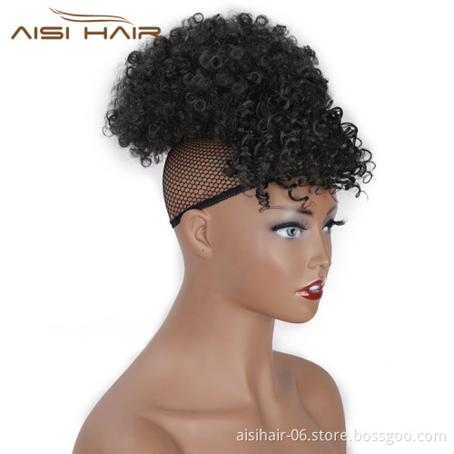 Aisi Hair New Design Kinky Curly Puff Black Color Hair Bun With Bangs Afro Short Curly Synthetic Hair Extension For Black Women
